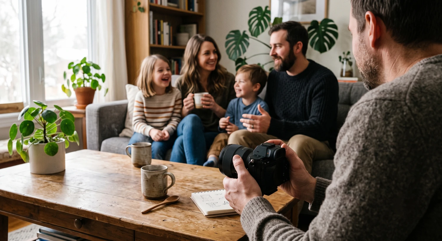 Rencontre conviviale et préparation de la séance photo autour d'un café